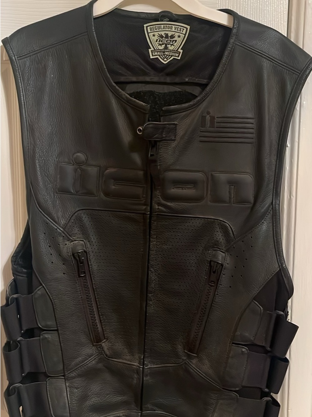 ICON Black Leather Motorcycle Vest with Embossed Logo